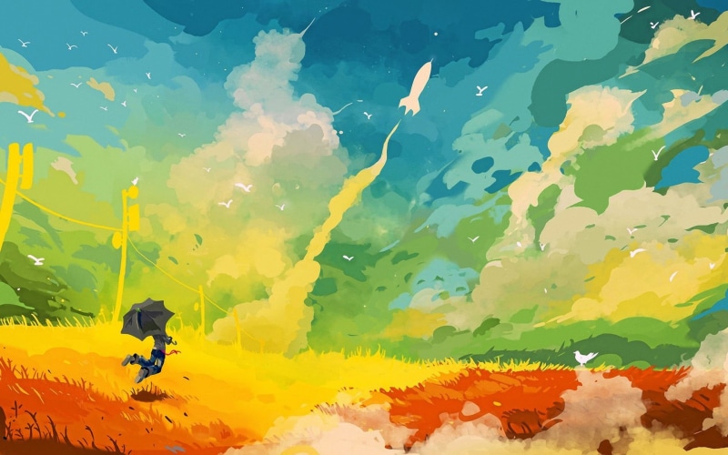 digital art, no people, yellow, fantasy art, outdoors, nature, 1080P, abstract, birds, water, cloud - sky, pattern, multicolored, creativity, full frame