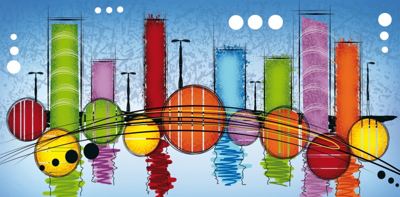 reflection, brown, multi colored, close-up, art and craft, black, in a row, painting, circle, group of objects, minimalism, low angle view, cityscape, drawing