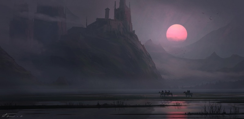 fantasy art, mountains, Masahiro Sawada, landscape, artwork, sunset, village, digital art, horse, environment, 1080P, illustration