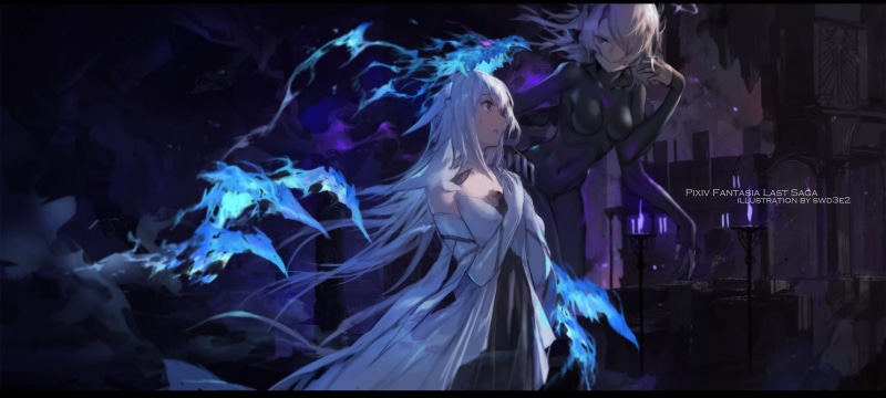 swd3e2, dark, long hair, dark fantasy, digital art, white hair, 2D, women, fantasy art, Pixiv Fantasia, fantasy girl, anime girls, anime, fan art, drawing