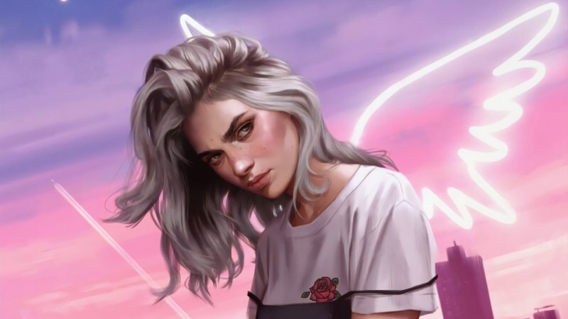 angel wings, fantasy girl, lights, portrait, drawing, women, digital painting, neon, environment, neon lights, angels wings, 2K, gray hair, digital, wings