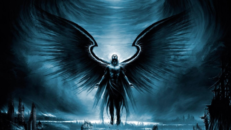 architecture, silhouette, motion, apocalyptic, angel, one person, dark, wings, fallen, digital art, illuminated, blue, 1080P, sea, technology, night, blurred motion
