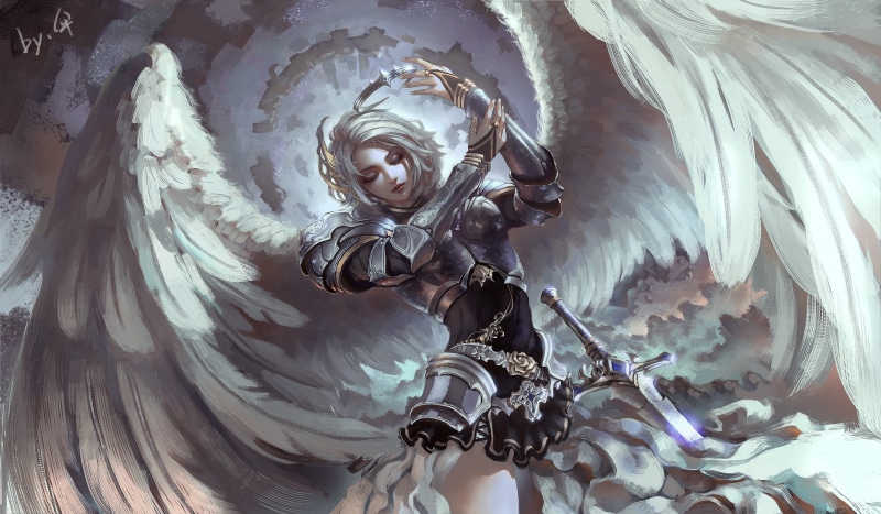angel, sculpture, ceiling, spirituality, sword, no people, representation, illustration, wings, low angle view, armor, male likeness, nature, art and craft