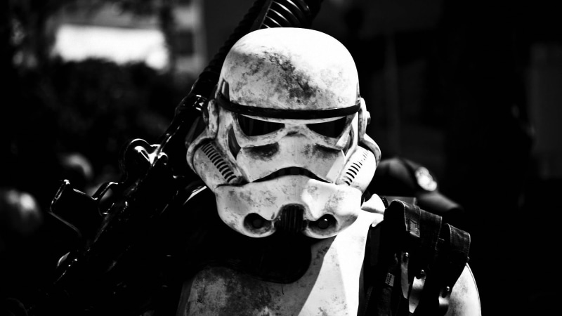 sculpture, obscured face, looking at camera, wars, Galactic Empire, armed Forces, black Color, military, sunlight, metal, close-up, men, movies, human representation