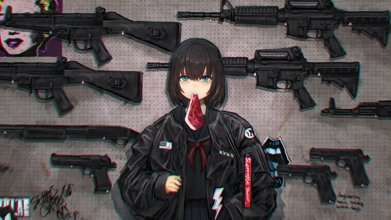 artwork, rifles, anime girls, weapon, illustration, character design, digital art, steak, blue eyes, gun, black hair, school uniform, fantasy girl, food