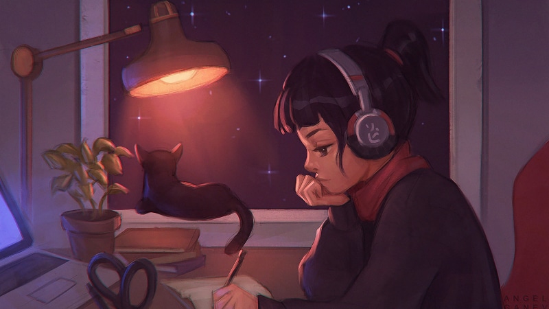 drawing, starred sky, sky, concept art, artwork, cats, digital, night sky, plants, 4K, headphones, fantasy girl, illustration, music, studying, digital art