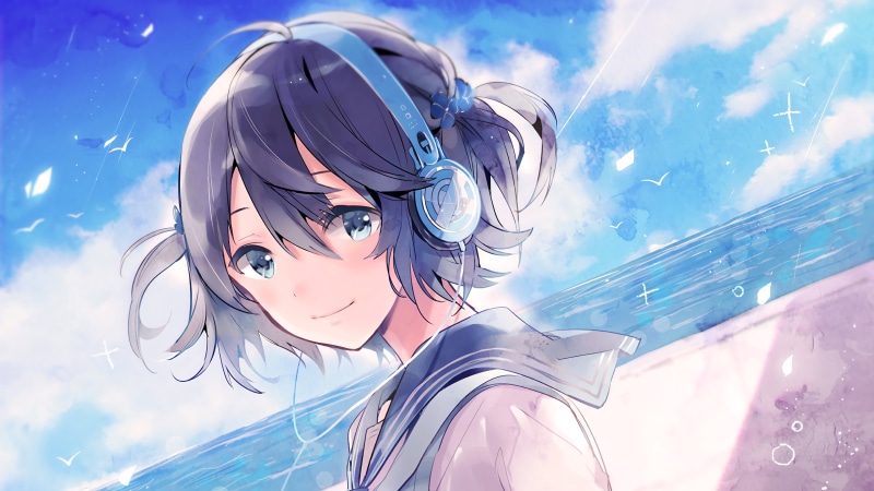 school uniform, Smile, digital, anime girls, water, concept art, students, anime sky, fictional character, anime, blue eyes, schoolgirl, short hair, sun rays