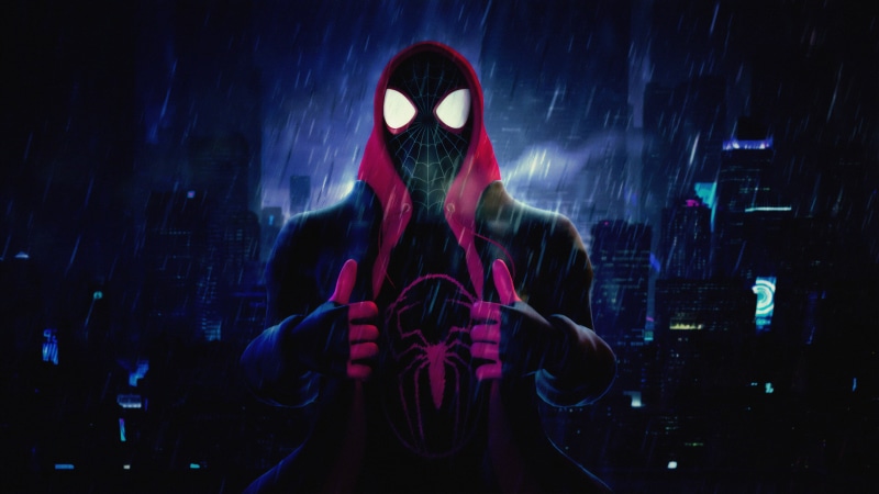 artwork, mask, concept art, Spider-Man, 4K, storm, hoods, environment, fictional, illustration, Miles Morales, digital art, dark background, digital, rain