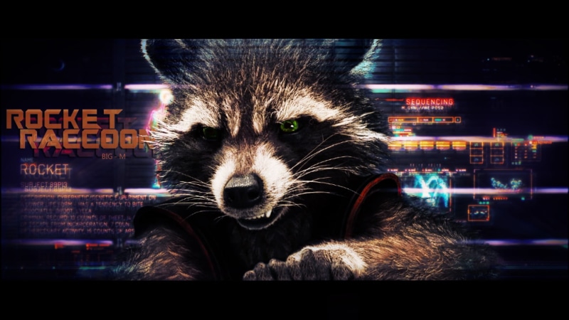 rocket, movies, raccoon, animal body part, outdoors, 1080P, mammal, illustration, animal, close-up, portrait, animal wildlife, looking at camera, Guardians of the Galaxy