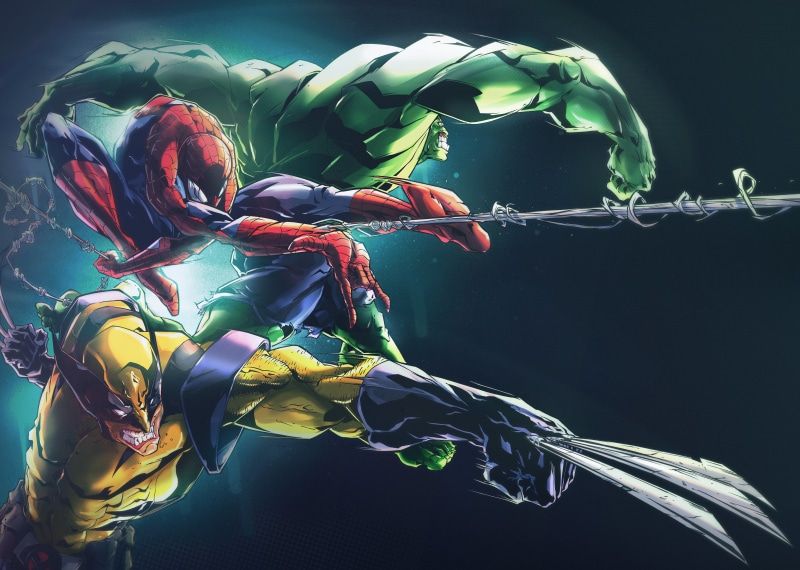 multi Colored, blue, clothing, balance, strength, effort, spider, Marvel Comics, motion, Wolverine, indoors, illustration, side view, marvel, young adult