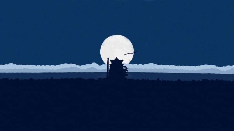 clouds, anime, shadow, sen to chihiro, moonlight, minimalism, Spirited Away, blue, clear sky, 4K, fan art