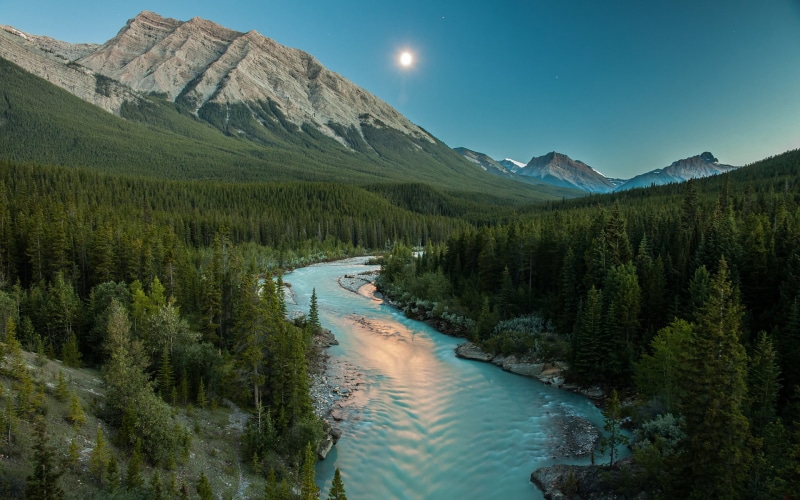 river, trees, moonlight, landscape, 1080P, mountains, nature, hd, forest