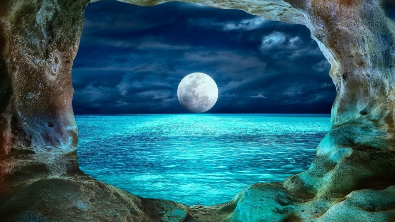 moonlit, moonlight, karst cave, sea, night sky, waterscape, the eyes of god, full moon, karlukovo, cave, prohodna cave, 1080P, bulgaria