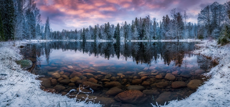 snow, nature, tranquility, scenics - nature, morning, Finland, 1080P, cold, lake, cloud - sky, non-urban scene, winter, water, rock, reflection lake, woodland