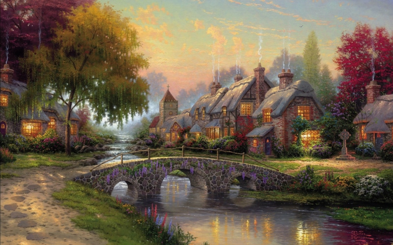 Art, 2K, Trees, Cobblestone, near, Cottage, Bridge, River, Houses, Painting
