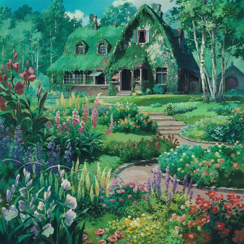 flower, architecture, nature, building exterior, beauty in nature, outdoors, front or back yard, house, day, anime, residential district, plant, no people