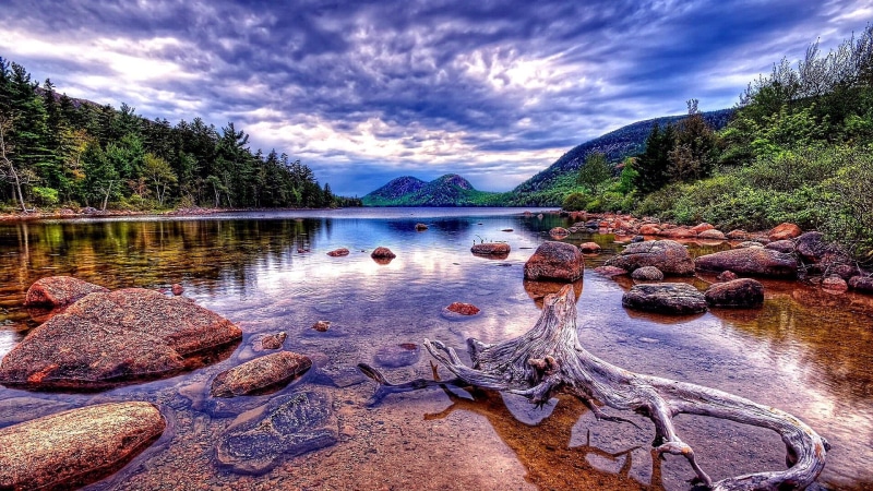 flowing water, united states, landscape, rock, mountain, non-urban scene, sky, plant, cloud - sky, tranquil scene, maine, tranquility, water, acadia national park
