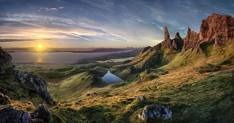 sunset, Scotland, tranquility, mountain range, beauty in nature, rock, rock - object, sunlight, sky, mountains, solid, island, no people, rock formation