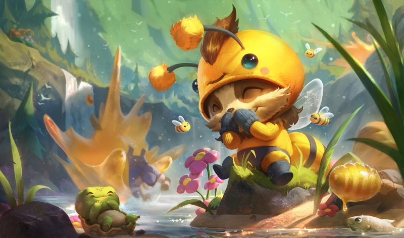 Waterfall, Forest, Bees, Bee, Bug, 4K, Splash, Art, Beemo, Timo, League Of Legends, Pond, Hood, Honey, LoL, Weed, Flowers, Cute, Guggino, Teemo, Artwork