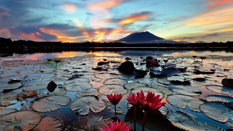 trees, tourism, tranquility, blue, multi Colored, sunset, beauty In Nature, clouds, red, plant, lake, nature, sunrise - Dawn, mountain, outdoors, orange color