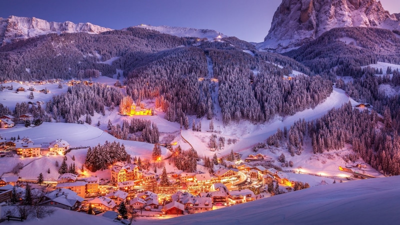 cold temperature, mountain, architecture, mountain range, italy, nature, plant, sky, snow, ortisei, winter, beauty in nature, ulrich, alps, illuminated