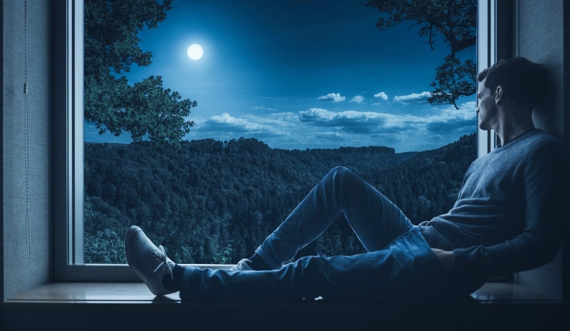 lifestyles, one person, technology, young adult, moon, panoramic, solo, landscape, dusk, 2K, casual clothing, full moon, tree, looking, mystical, at night