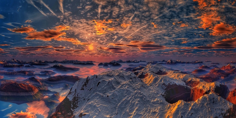 white, 1080P, non-urban scene, snow, sunset, power in nature, scenics - nature, cloud - sky, mountain, landscape, reflection, geology, snowy peak, clouds