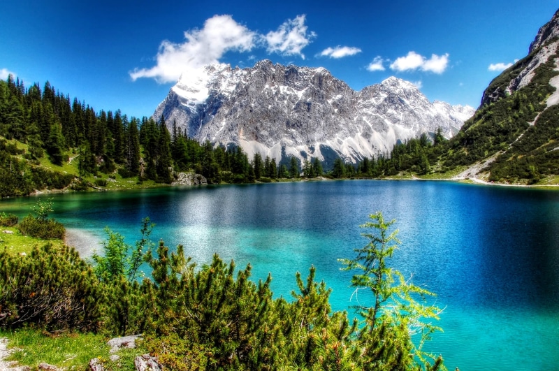 panorama, mountain landscape, land, pine woodland, tranquil scene, snowy, beauty in nature, waters, mountain range, no people, water, distant view, seebensee