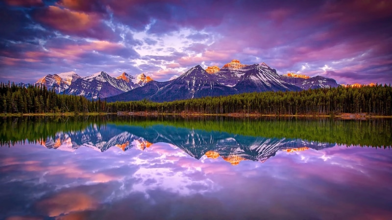 plants, environment, Canada, water, tranquility, land, beauty in nature, travel destinations, calm, cloud - sky, sun, sunset, outdoors, sky, lake, green