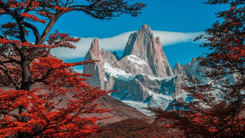 Monte Fitz Roy, Argentina, 1080P, trees, sky, Patagonia, landscape, nature, forest, clouds, snowy mountain, fall