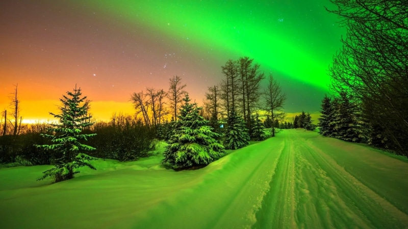 night sky, northern lights, borealis, 1080P, road, snowy, winter, night lights, aurora borealis