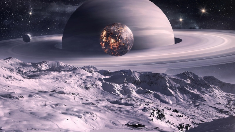 galaxy, planets, fantasy art, 4K, ring, snowy, surface, landscape