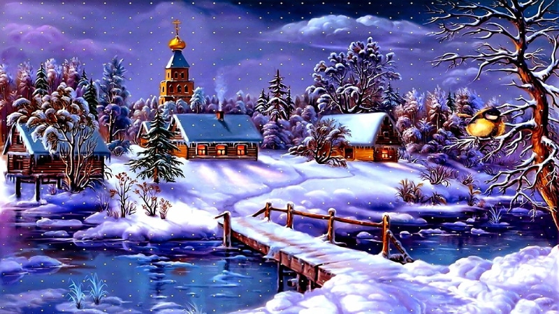 village, arctic, 1080P, freezing, nature, houses, painting, artwork, winter, bridge, snowfall, snowing, snowy, church, snow, painting art, art, river