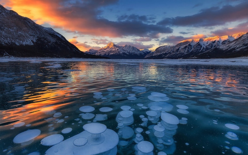 body, snowy peak, orange color, snowcapped mountain, water, beauty in nature, non-urban scene, landscape, tranquil scene, cold, scenics - nature, cloud - sky
