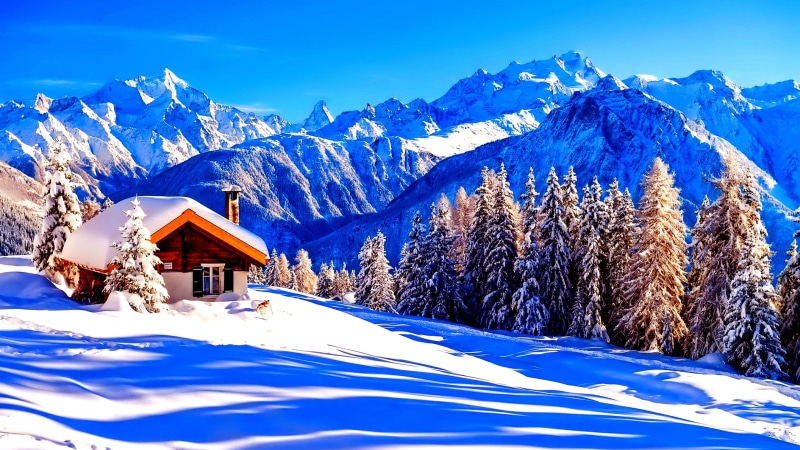 fir, hill station, mountain range, massif, snow, winter, mountainous landforms, village, tree, mountain, log cabin, sky, snowy, house, freezing, 4K