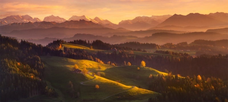 panoramas, snowy peak, plant, beauty in nature, no people, villages, sun, mountains, tree, 720P, mist, trees, sunrise - dawn, outdoors, landscape, leafed