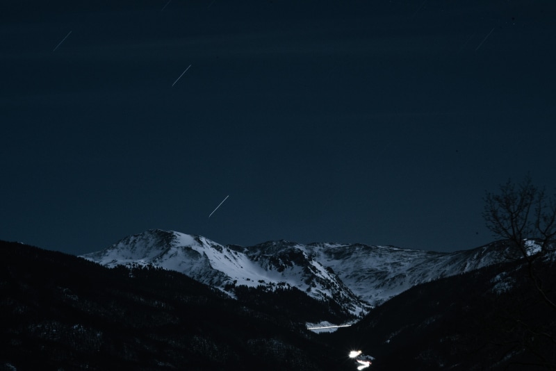 outdoors, long exposure, night sky, dark, mountain, stars, scenics - nature, snow, night, nature, tranquility, environment, sky, 4K, snowy, mountains