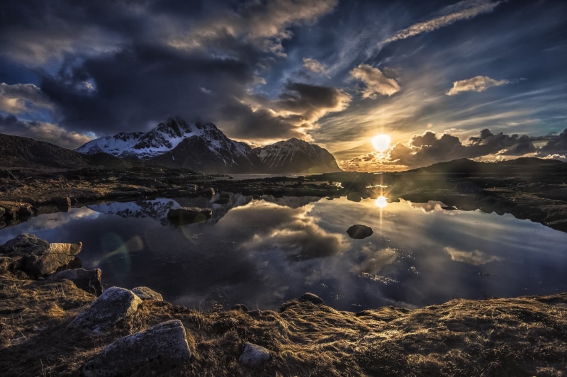 idyllic, lake, mountain range, sunset, winter, small, Lofoten, clouds, tranquility, environment, snow, scenics - nature, cloud - sky, landscape, snowy peak