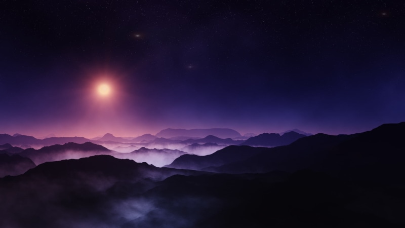 scenics - nature, sky, mountain, mountain peak, tranquility, midnight, no people, purple, beauty in nature, space, starry night, Sun, landscape, mist, star - space
