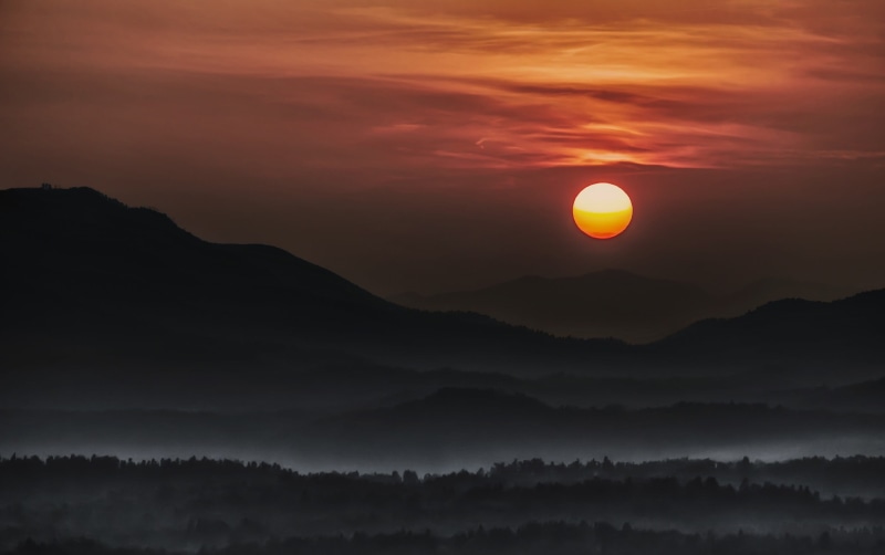 mountain range, non-urban scene, mist, sky, environment, dark, 1080P, scenics - nature, sunset, moonlight, mountain, no people, beauty in nature, tranquility