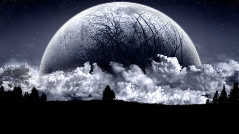 planet - space, 1080P, forest, night, exploration, space exploration, tree, clouds, Moon, cloud - sky, fantasy art, sky, nature, science, astronomy