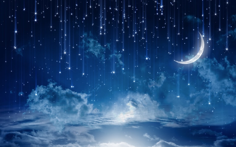 moon, clouds, falling-stars, landscape, night, illustration, rain, 2K, crescent, sky, nature, moonlight, white