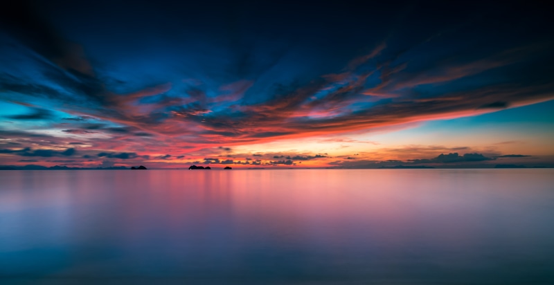 sunlight, sky, dusk, 5K, blue, water, reflection, low light, summer, Beach, low, body, photo, Neighbours, cloud - Sky, outdoors, landscape, water  island