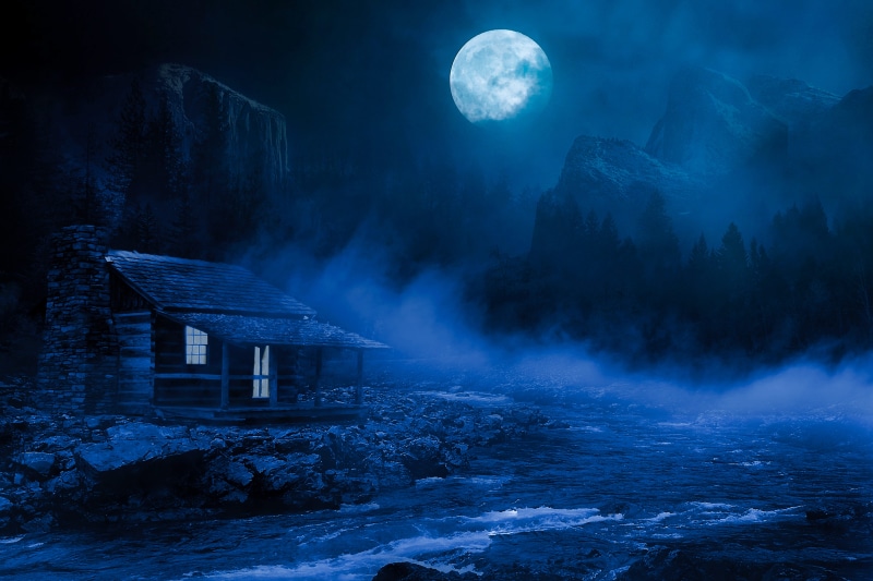 house, winter, cold temperature, moonlight, mountains, loneliness, river, moon, photo montage, 5K, land, environment, outdoors, waters, sky, illuminated