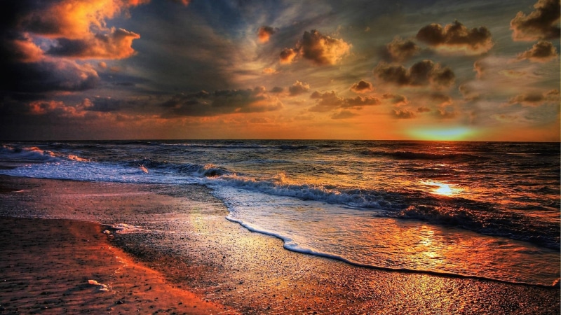ocean, afterglow, sky, cloud, reflection, water, sunset, seaside, wave, sea, photography, beach, 1080P, shore, golden hour, evening, horizon