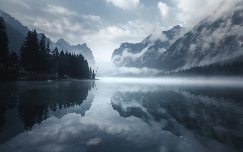 mountains, morning, calm, cloud - sky, water, mist, Dolomites (mountains), landscape, body, reflection lake, idyllic, 480P, tranquil scene, day, no people