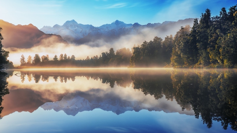 tranquility, water, scenics - nature, trees, lake, outdoors, forest, sunrise - dawn, non-urban scene, nature, reflection, mountain, sky, plant, reflection lake