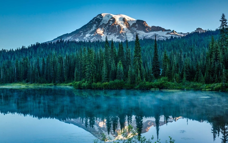 lake, coniferous tree, sunlight, tranquil scene, mountains, waterfront, idyllic, 1080P, Washington state, body, capped, snow, snowy peak, pine trees, blue