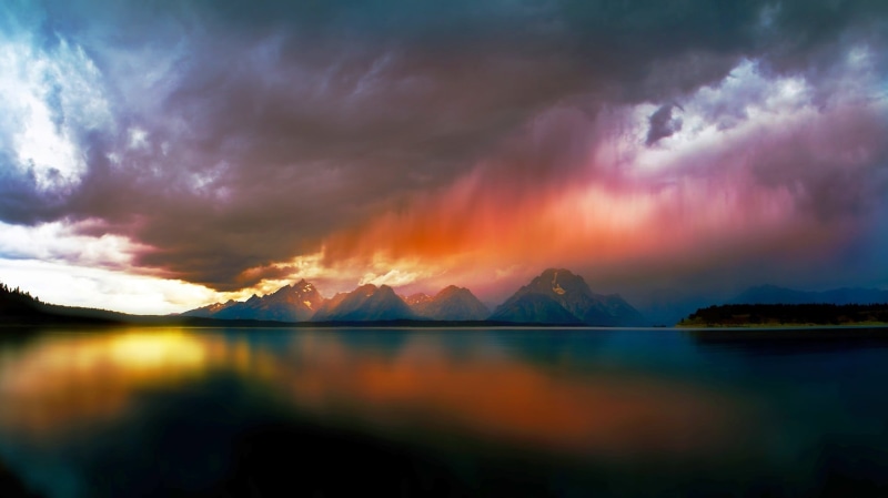 rain, colorful, landscape, tranquil scene, romantic sky, sky, mountain, 1080P, cloud - sky, water, environment, beauty in nature, reflection, dramatic sky
