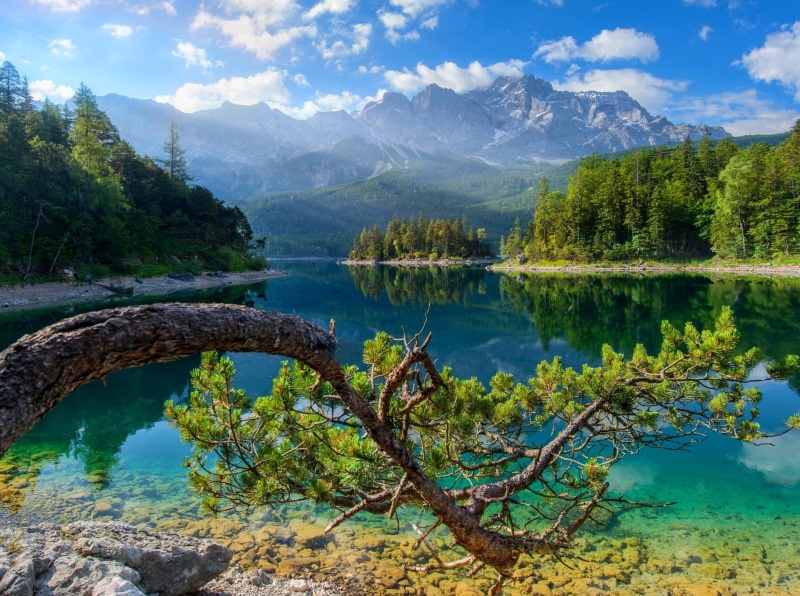 trees, sky, mountains, clouds, growth, tranquility, body, Germany, 1080P, tranquil scene, mountain, outdoors, scenics - nature, beauty in nature, landscape